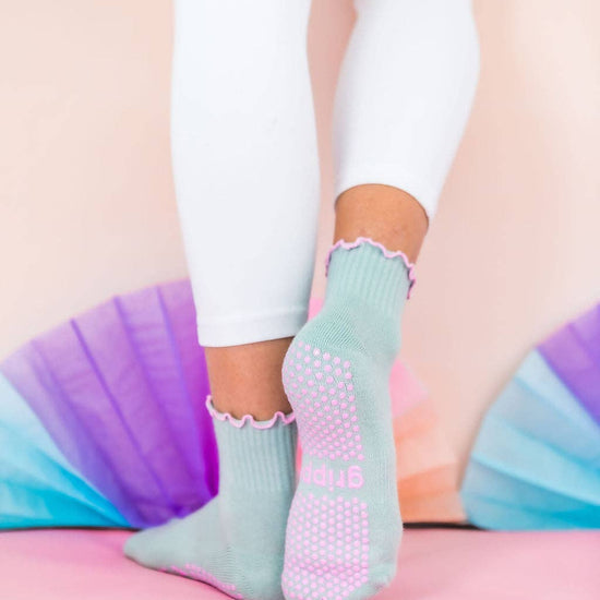 Grippy GRIPPY Pastel Ankle Frill Grippy Socks: Sage + Pink Frill / M/L - Size 8.5 to 10 women's AU