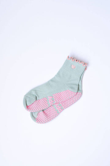 Grippy GRIPPY Pastel Ankle Frill Grippy Socks: Sage + Pink Frill / M/L - Size 8.5 to 10 women's AU