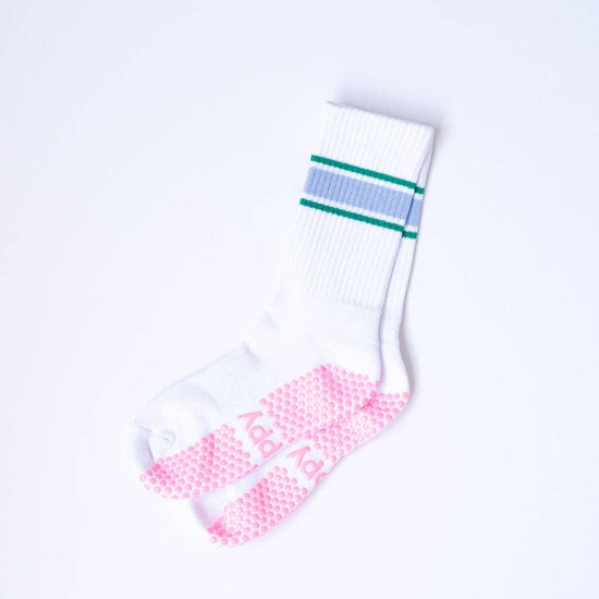 Grippy GRIPPY Sports Stripe Crew Grippy Sock: Green + Purple Stripe / S/M - Up to size 8 women's AU sizing