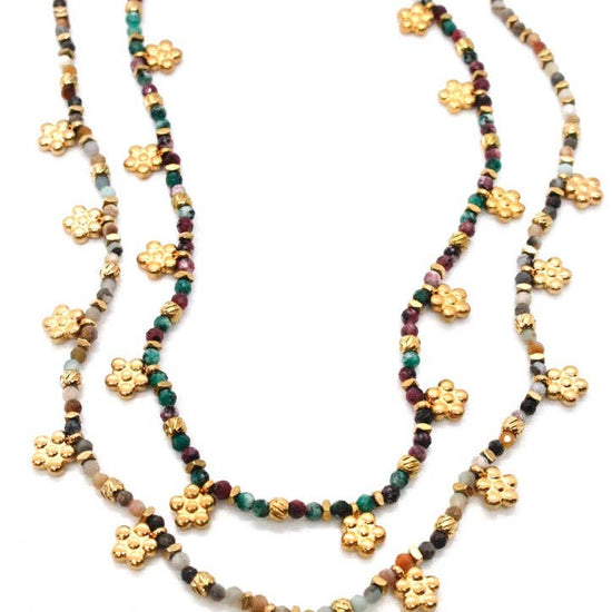 LIZOU LIZOU - Mini Gold Daisy Semi Precious Stone Necklace N2-2445 -French Flair Collection-