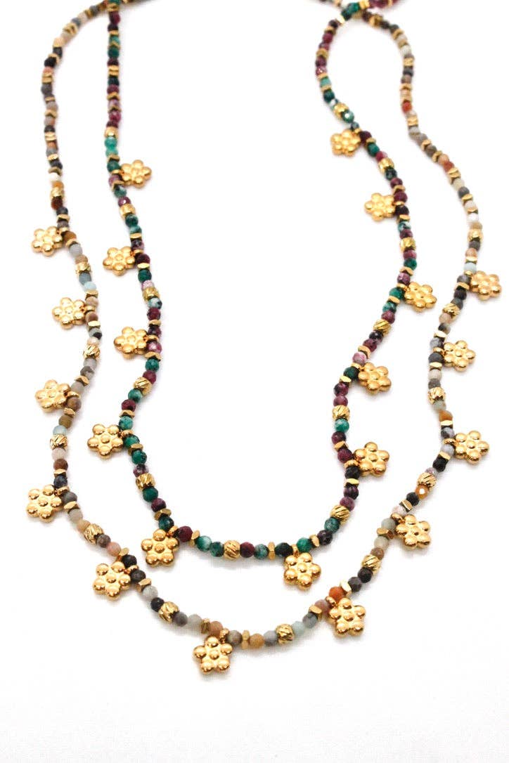 LIZOU LIZOU - Mini Gold Daisy Semi Precious Stone Necklace N2-2445 -French Flair Collection-