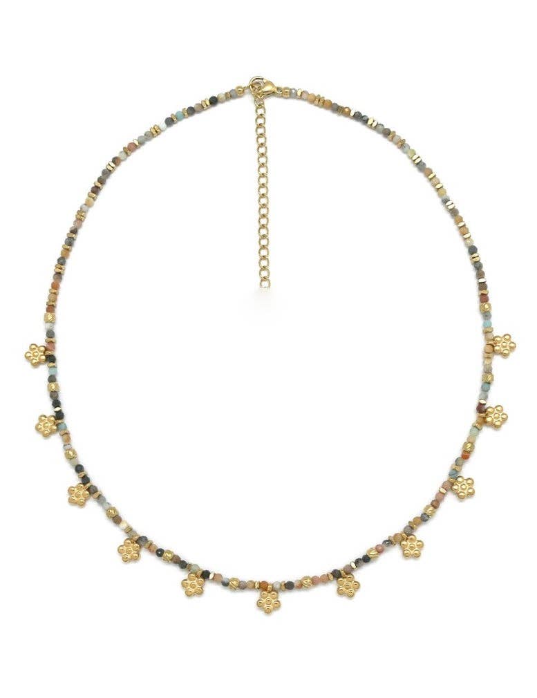 LIZOU LIZOU - Mini Gold Daisy Semi Precious Stone Necklace N2-2445 -French Flair Collection-