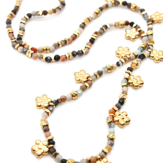 LIZOU LIZOU - Mini Gold Daisy Semi Precious Stone Necklace N2-2445 -French Flair Collection-