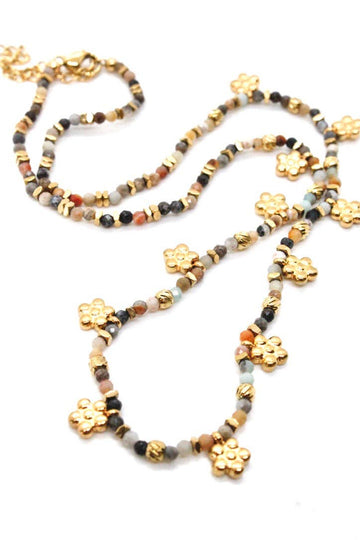 LIZOU LIZOU - Mini Gold Daisy Semi Precious Stone Necklace N2-2445 -French Flair Collection-