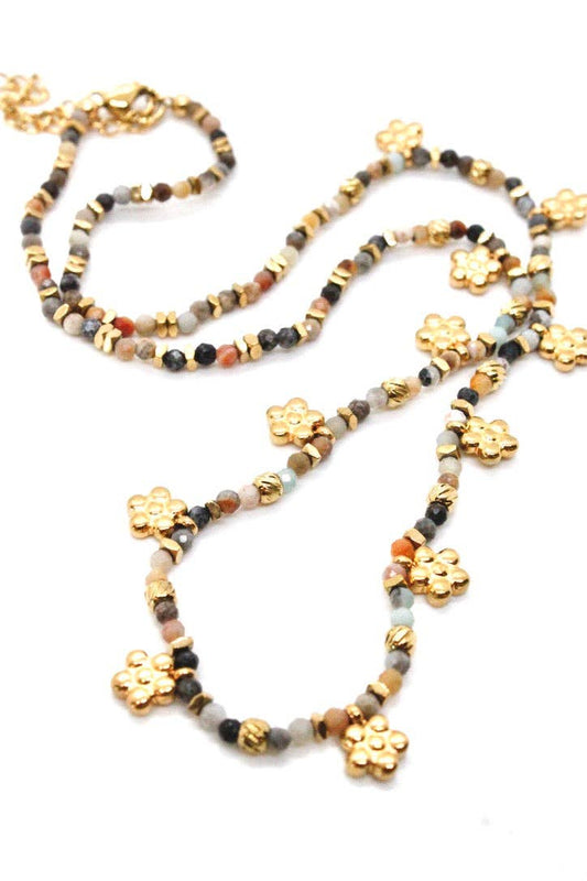 LIZOU LIZOU - Mini Gold Daisy Semi Precious Stone Necklace N2-2445 -French Flair Collection-