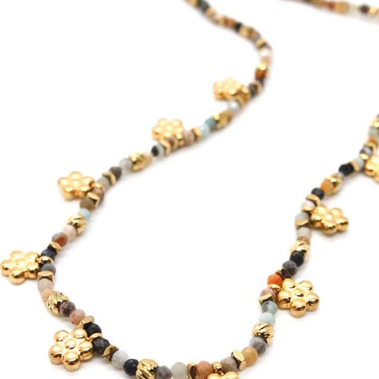 LIZOU LIZOU - Mini Gold Daisy Semi Precious Stone Necklace N2-2445 -French Flair Collection-
