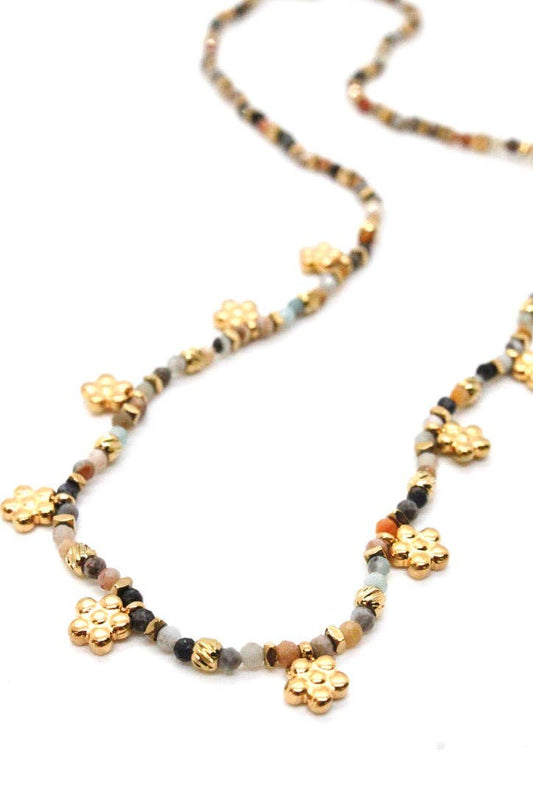 LIZOU LIZOU - Mini Gold Daisy Semi Precious Stone Necklace N2-2445 -French Flair Collection-