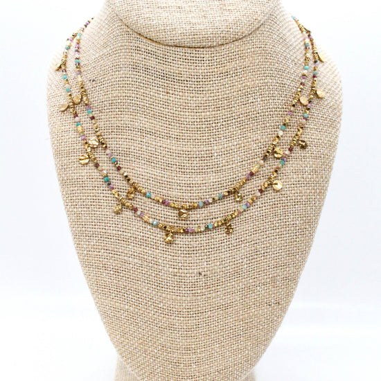 LIZOU LIZOU - Multi Stone Mix and Mini Gold Coin Wrap Necklace - N2-2617A