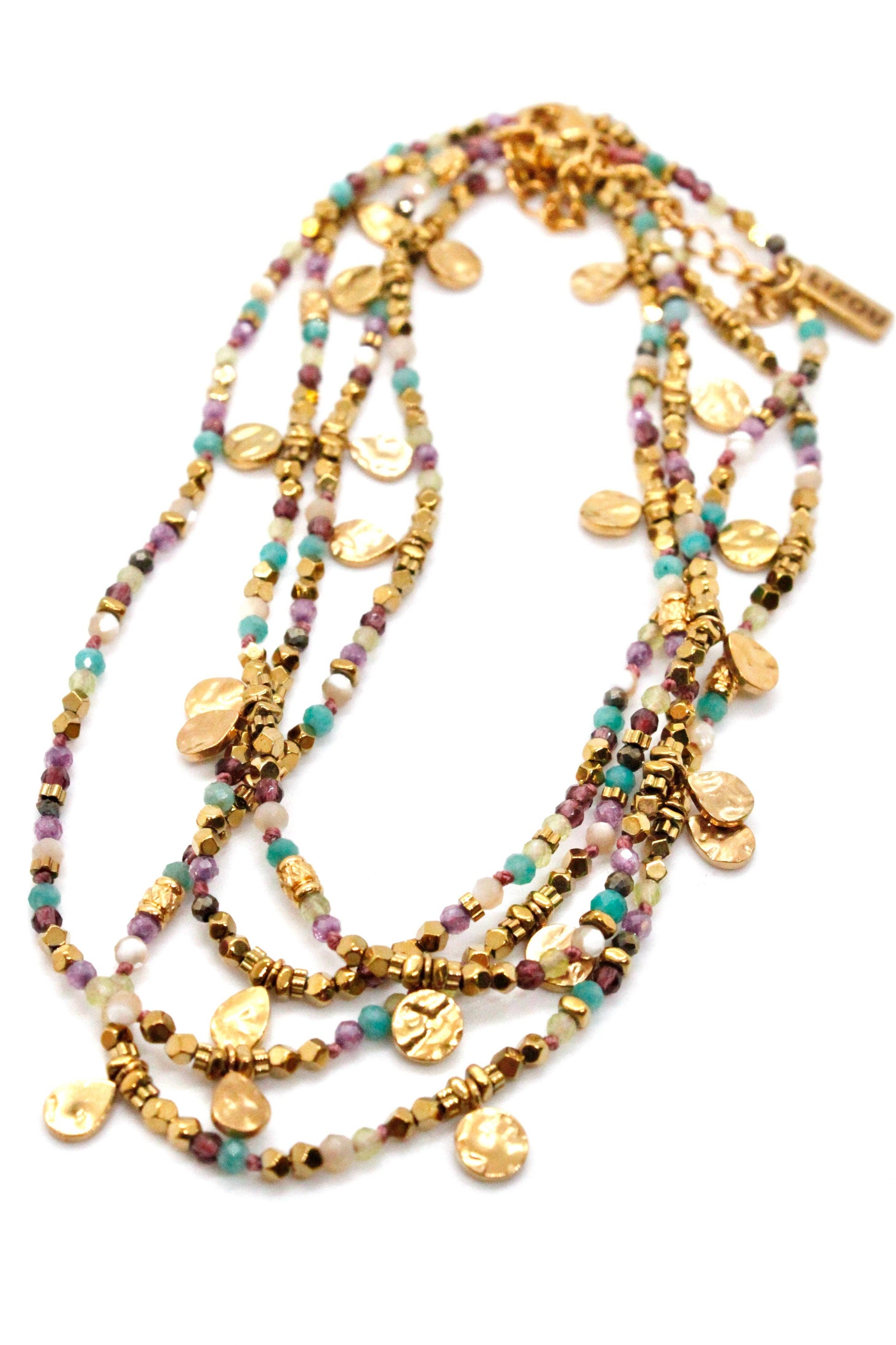LIZOU LIZOU - Multi Stone Mix and Mini Gold Coin Wrap Necklace - N2-2617A