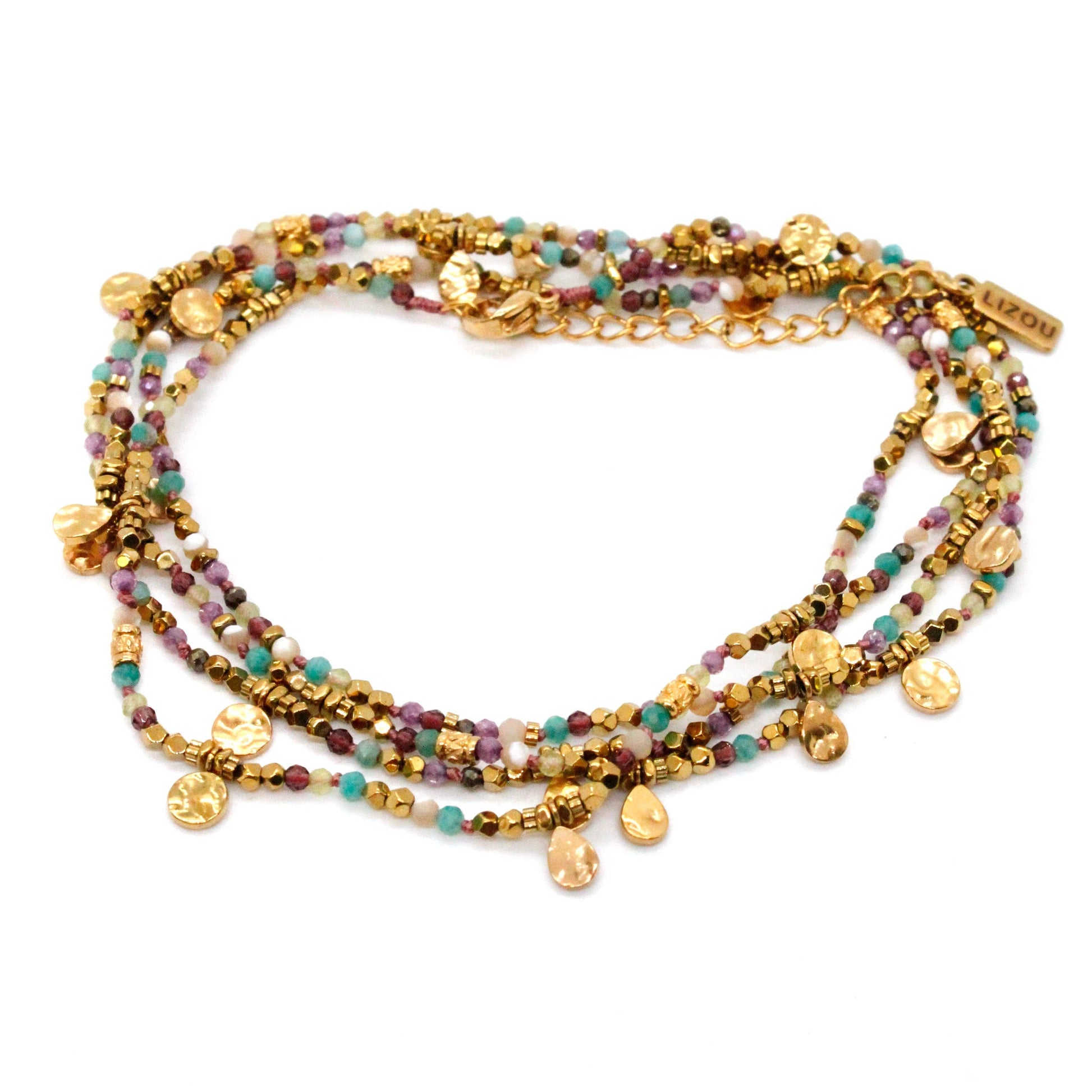 LIZOU LIZOU - Multi Stone Mix and Mini Gold Coin Wrap Necklace - N2-2617A