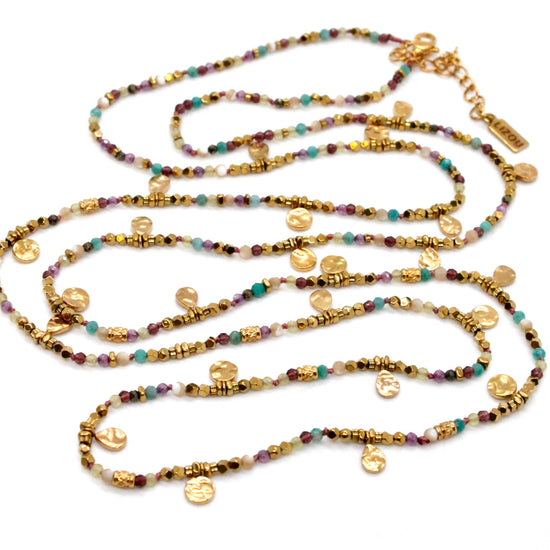 LIZOU LIZOU - Multi Stone Mix and Mini Gold Coin Wrap Necklace - N2-2617A