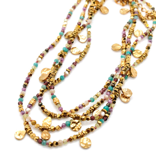 LIZOU LIZOU - Multi Stone Mix and Mini Gold Coin Wrap Necklace - N2-2617A