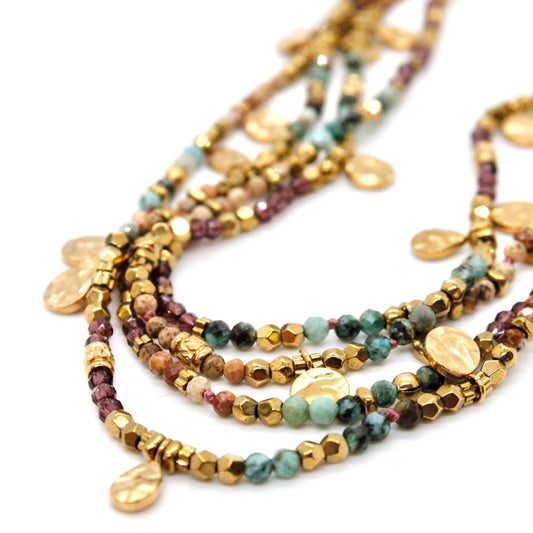 LIZOU LIZOU - Multi Stone Mix and Mini Gold Coin Wrap Necklace - N2-2617D