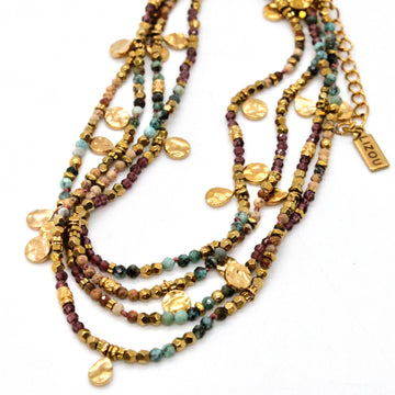 LIZOU LIZOU - Multi Stone Mix and Mini Gold Coin Wrap Necklace - N2-2617D