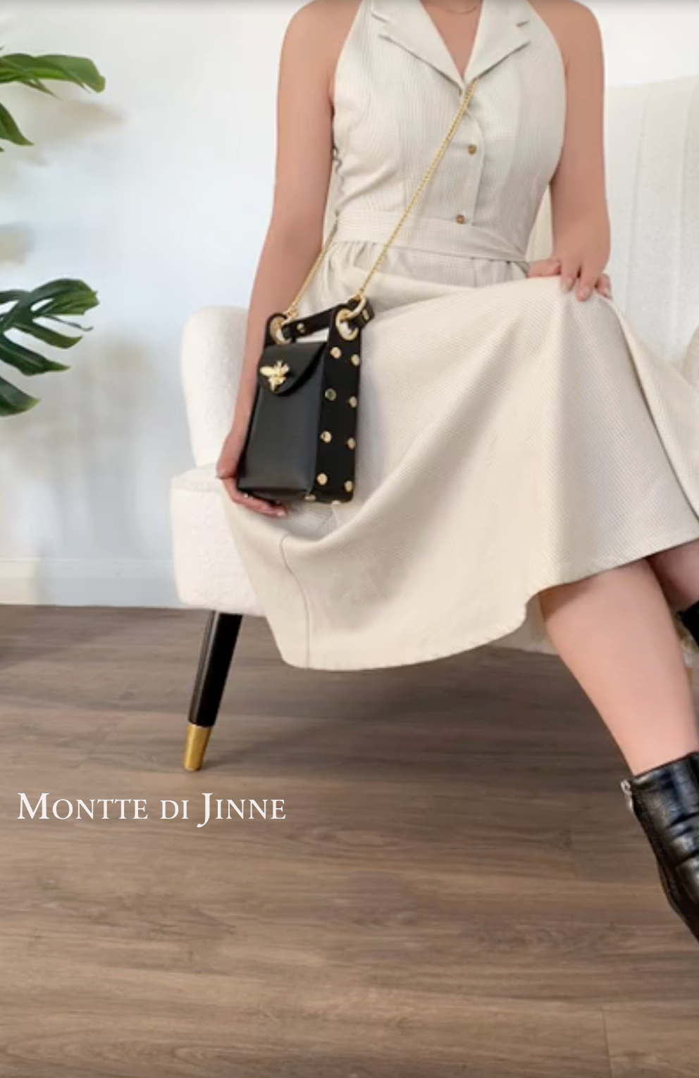 MONTTE DI JINNE MONTTE DI JINNE - Italian Genuine Leather Mini Bee Bag with Gold Chain Strap: Black