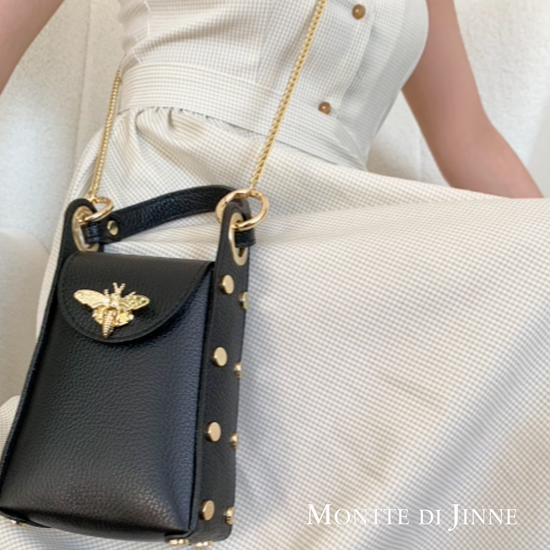 MONTTE DI JINNE MONTTE DI JINNE - Italian Genuine Leather Mini Bee Bag with Gold Chain Strap: Black