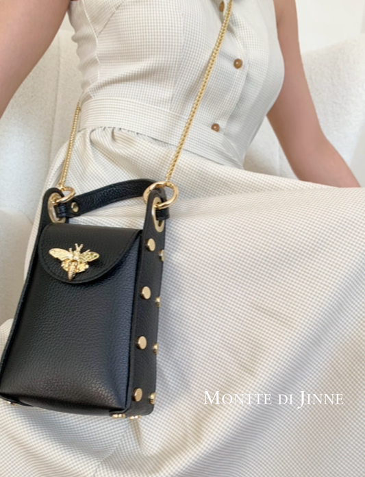 MONTTE DI JINNE MONTTE DI JINNE - Italian Genuine Leather Mini Bee Bag with Gold Chain Strap: Black