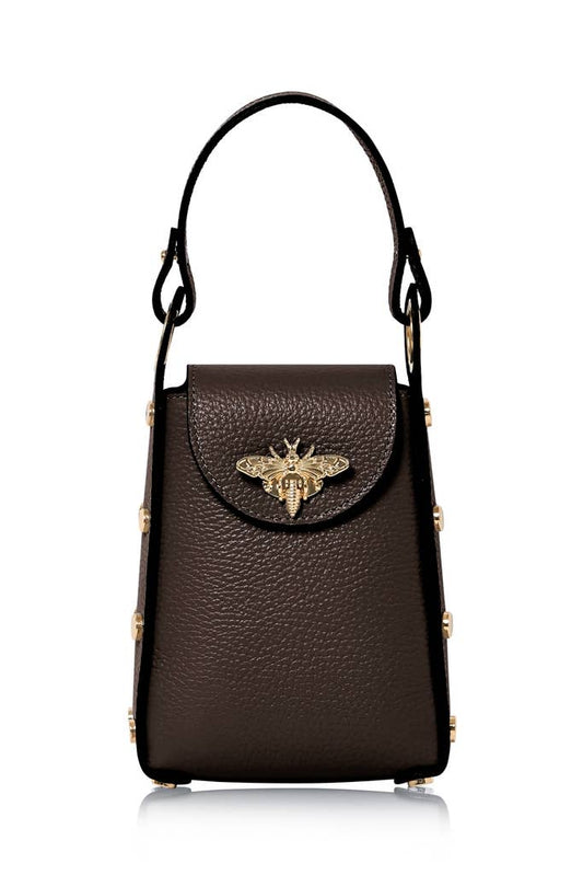 MONTTE DI JINNE MONTTE DI JINNE - Italian Genuine Leather Mini Bee Bag with Gold Chain Strap: Dark chocolate