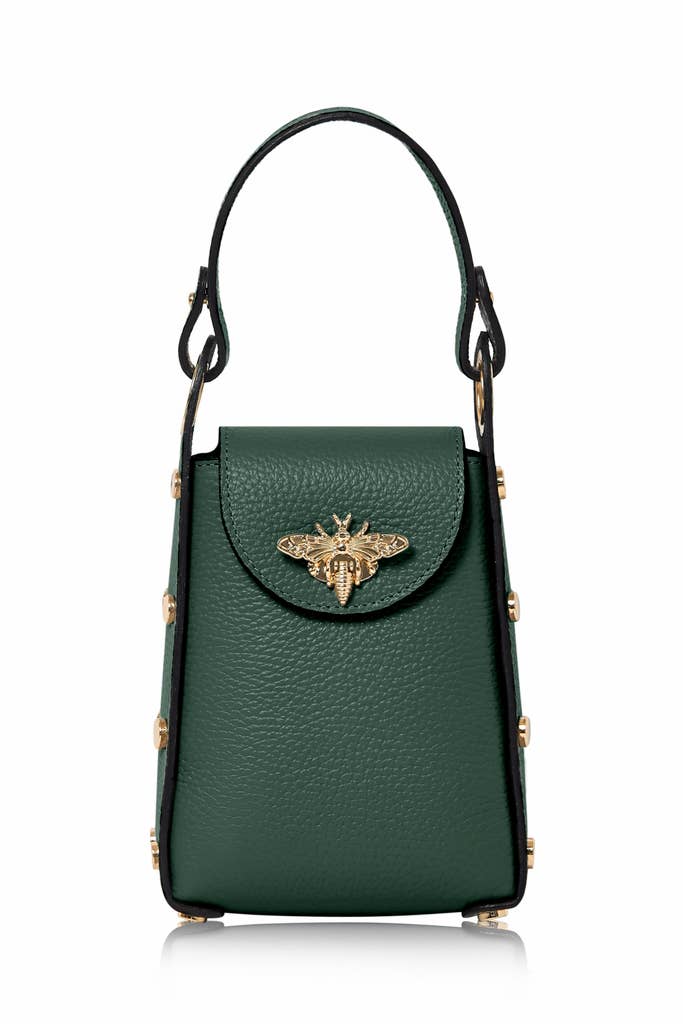 MONTTE DI JINNE MONTTE DI JINNE - Italian Genuine Leather Mini Bee Bag with Gold Chain Strap: Dark Green