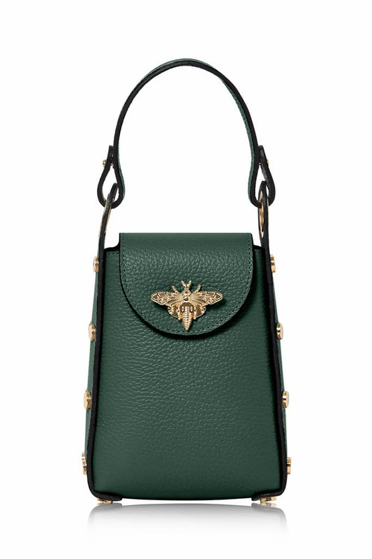 MONTTE DI JINNE MONTTE DI JINNE - Italian Genuine Leather Mini Bee Bag with Gold Chain Strap: Dark Green