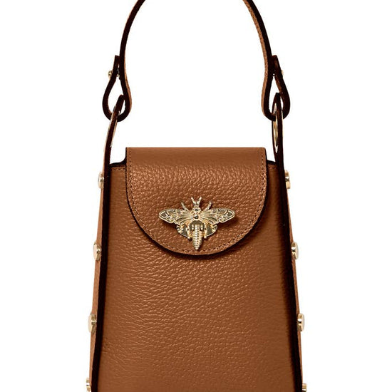 MONTTE DI JINNE MONTTE DI JINNE - Italian Genuine Leather Mini Bee Bag with Gold Chain Strap: Dark Tan