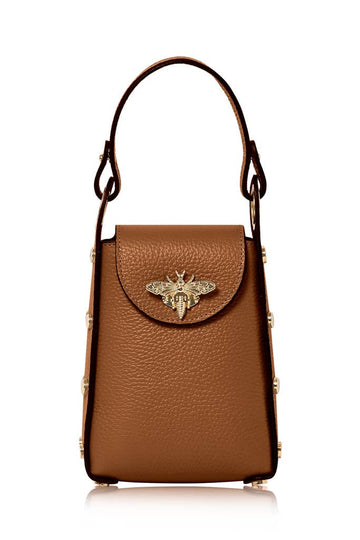 MONTTE DI JINNE MONTTE DI JINNE - Italian Genuine Leather Mini Bee Bag with Gold Chain Strap: Dark Tan