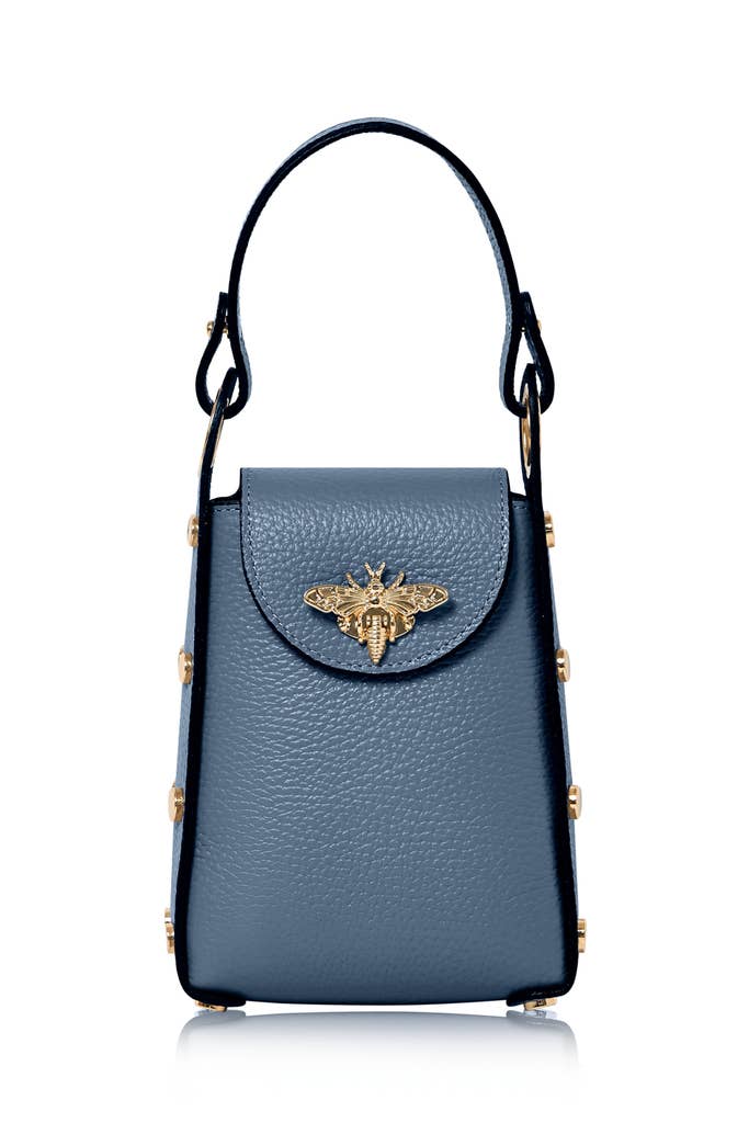 MONTTE DI JINNE MONTTE DI JINNE - Italian Genuine Leather Mini Bee Bag with Gold Chain Strap: Denim Blue