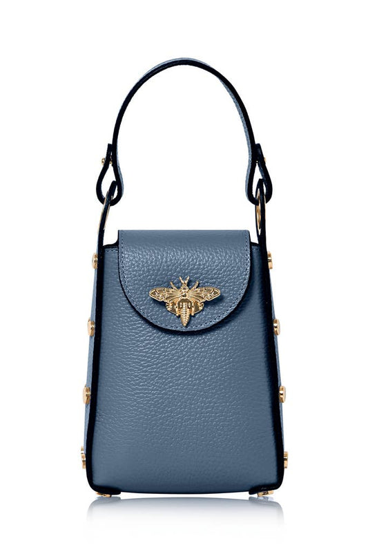 MONTTE DI JINNE MONTTE DI JINNE - Italian Genuine Leather Mini Bee Bag with Gold Chain Strap: Denim Blue