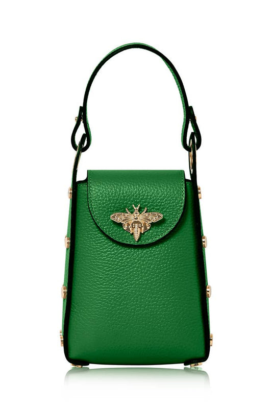 MONTTE DI JINNE MONTTE DI JINNE - Italian Genuine Leather Mini Bee Bag with Gold Chain Strap: Green