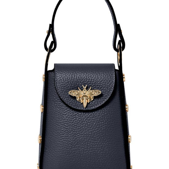 MONTTE DI JINNE MONTTE DI JINNE - Italian Genuine Leather Mini Bee Bag with Gold Chain Strap: Navy