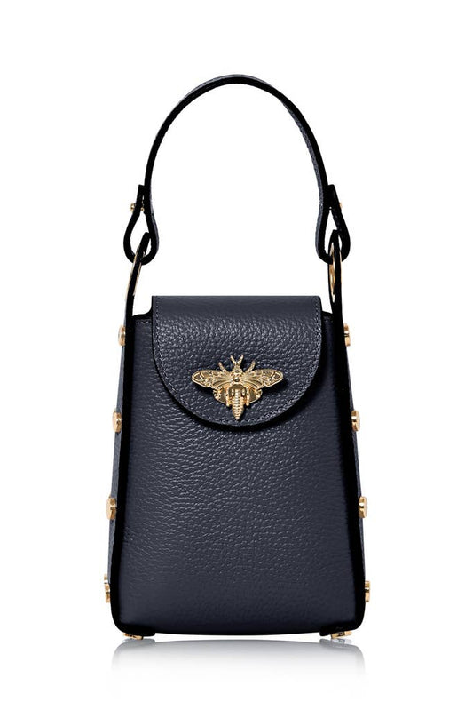 MONTTE DI JINNE MONTTE DI JINNE - Italian Genuine Leather Mini Bee Bag with Gold Chain Strap: Navy