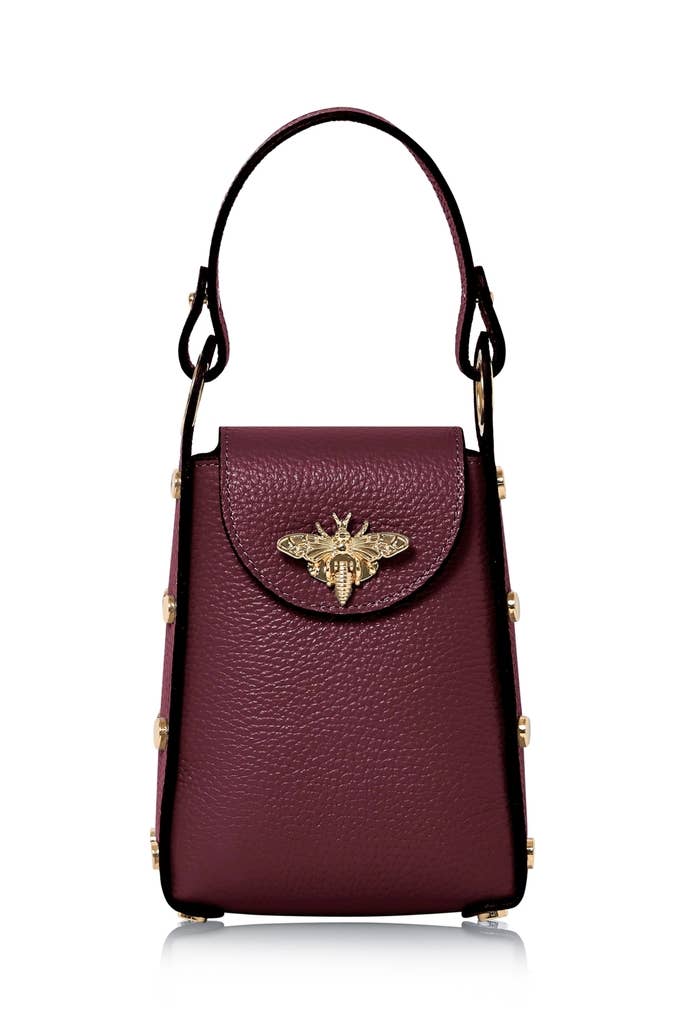 MONTTE DI JINNE MONTTE DI JINNE - Italian Genuine Leather Mini Bee Bag with Gold Chain Strap: Red Plum