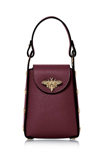 MONTTE DI JINNE MONTTE DI JINNE - Italian Genuine Leather Mini Bee Bag with Gold Chain Strap: Red Plum