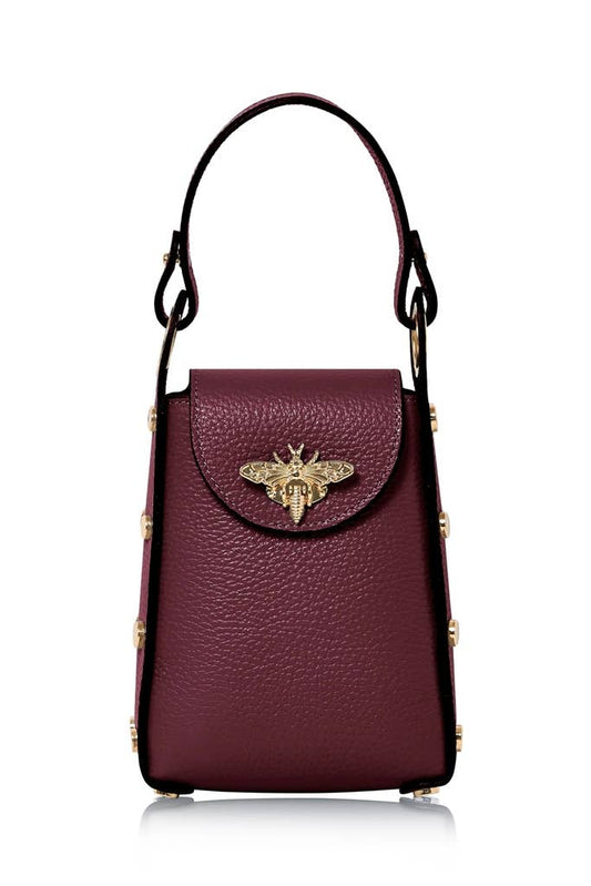 MONTTE DI JINNE MONTTE DI JINNE - Italian Genuine Leather Mini Bee Bag with Gold Chain Strap: Red Plum