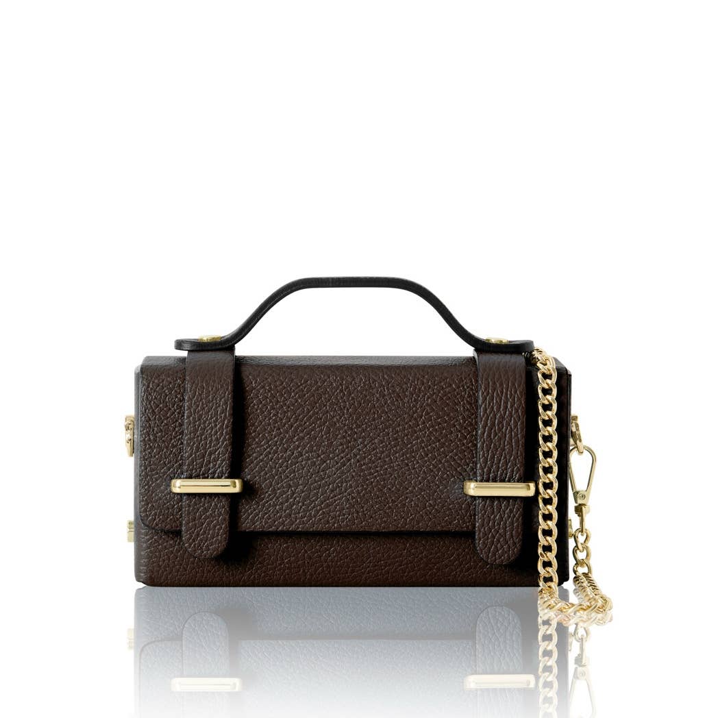 MONTTE DI JINNE MONTTE DI JINNE - Italian Genuine Leather Mini Box Bag –Top-Handle & Crossbody: DARK CHOCOLATE
